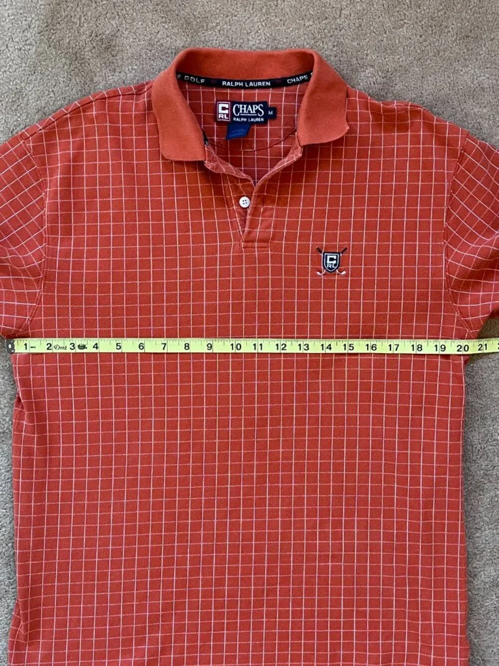 Vintage 90s Chaps Ralph Lauren Golf Shield Polo Shirt Men's M Orange Pattern